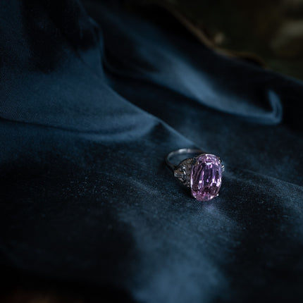 Art Deco, Platinum, Kunzite and Diamond Cocktail Ring  |Antique Ring Boutique | Sustainable Antique Rings | Rare Antique Rings | Bespoke Untreated Vintage Antique Rings | An Antique Jewellery Company 