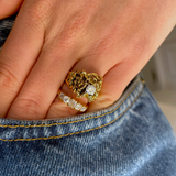 Vintage textured 18ct yellow gold nugget diamond ring,worn on hand.