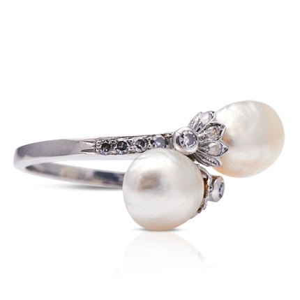 Antique, Edwardian, Platinum, Natural Pearl and Diamond Ring