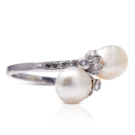 Antique, Edwardian, platinum, natural pearl & diamond ring