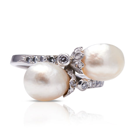Antique-Edwardian-Pearl-Ring-Natural-Diamond-Vintage-Jewelery