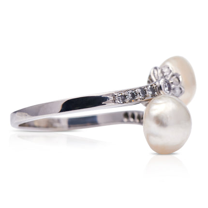 Antique, Edwardian, Platinum, Natural Pearl and Diamond Ring