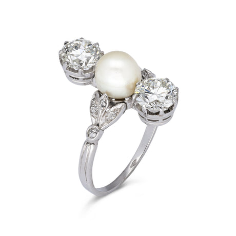 Antique natural pearl & diamond ring, platinum