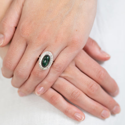 Art Deco, French 18ct White Gold, Cabochon Tourmaline and Diamond Ring