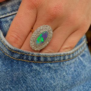 Vintage, Art Deco crystal opal & diamond cocktail ring