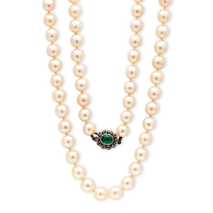 Art Deco | Cabochon Emerald and Diamond Pearl Necklace
