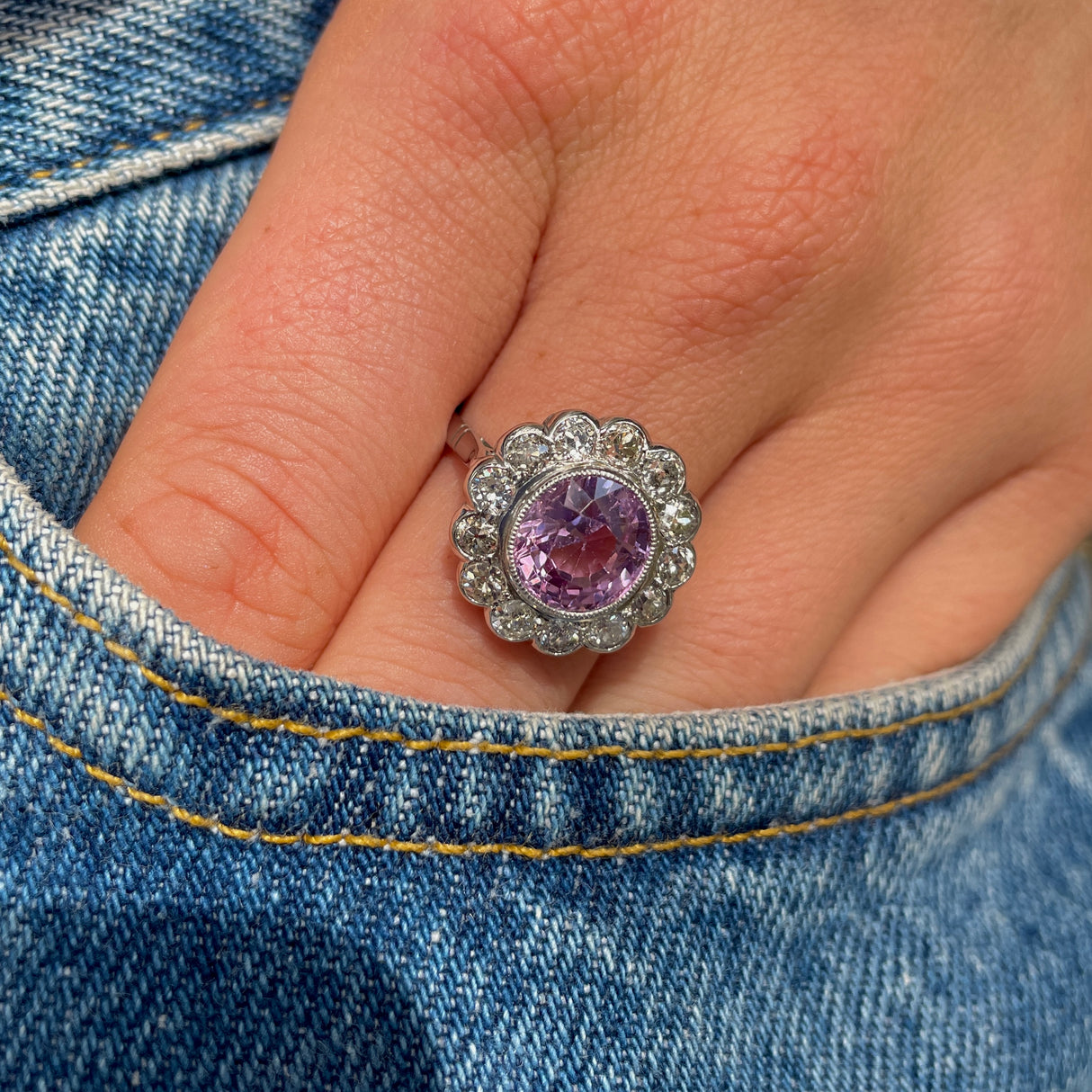 Pink sapphire & diamond cluster ring