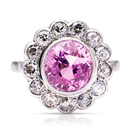 Pink-Sapphire-Engagement-Diamonds-Antique-Jewellery-Vintage-Cluster-White-Gold