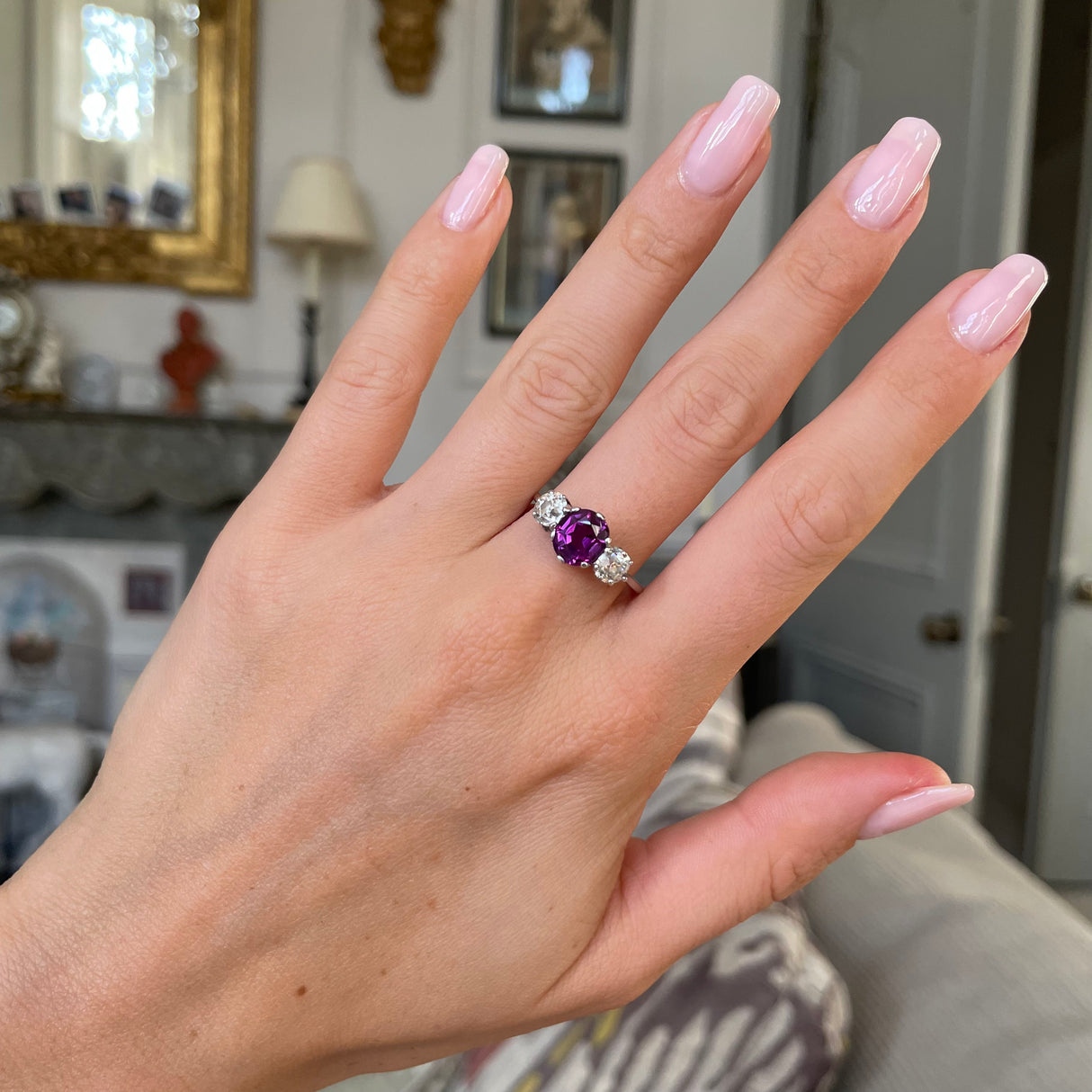 Art Deco purple sapphire and diamond three stone engagement ring pla Antique Ring Boutique