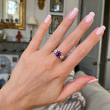 Art Deco, purple sapphire and diamond three-stone engagement ring, platinum