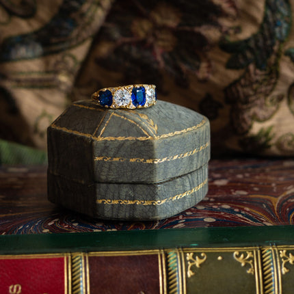 Antique Victorian, 18ct Yellow Gold, Sapphire and Diamond Five-Stone Ring