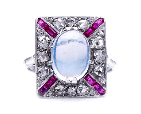 Rare Antique Art Deco, Platinum, Moonstone, Diamond and Ruby Ring | Antique Rings | Antique Ring Boutique | Vintage Engagement Rings | Antique Engagement Rings