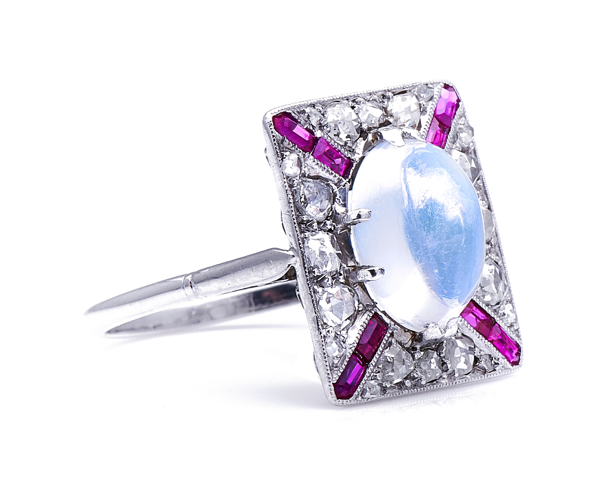 Rare Antique Art Deco, Platinum, Moonstone, Diamond and Ruby Ring | Antique Rings | Antique Ring Boutique | Vintage Engagement Rings | Antique Engagement Rings