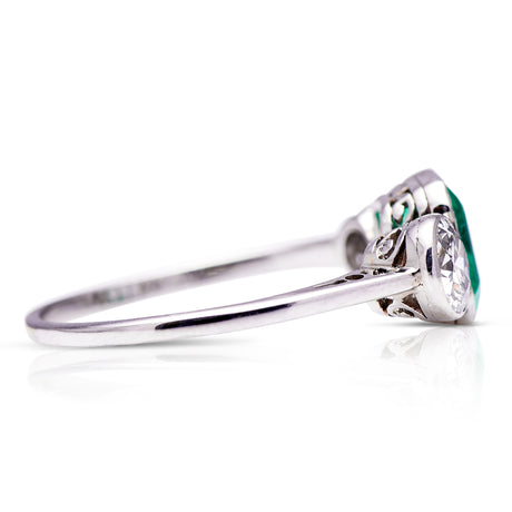 Art Deco | Platinum, Brazilian Emerald and Diamond Three Stone Ring