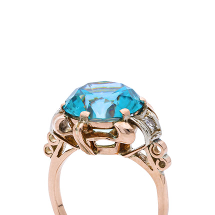 Art Deco Blue Zircon and Diamond Cocktail Ring