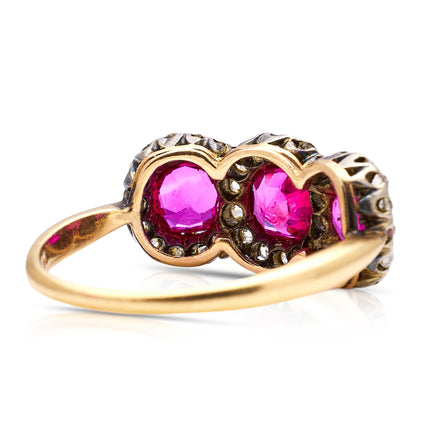 Antique Burmese Ruby and Diamond Cluster Ring, 18ct Yellow Gold