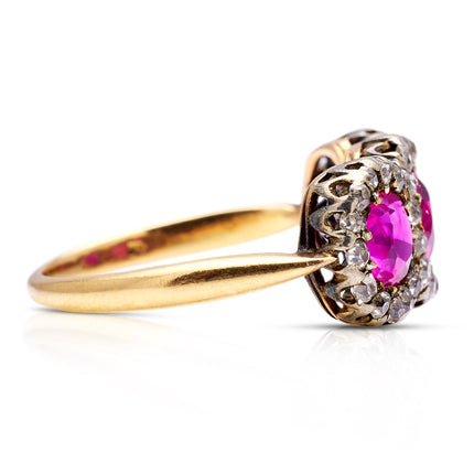 Antique Burmese Ruby and Diamond Cluster Ring, 18ct Yellow Gold