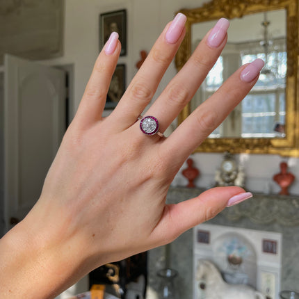 French Art Deco Ruby and Diamond Target Engagement Ring, 18ct White Gold