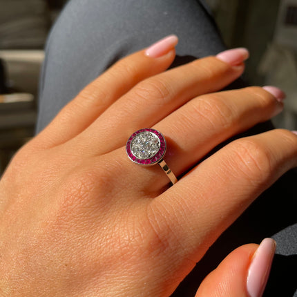 French Art Deco Ruby and Diamond Target Engagement Ring, 18ct White Gold