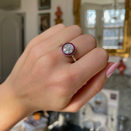 French Art Deco Ruby and Diamond Target Engagement Ring, 18ct White Gold