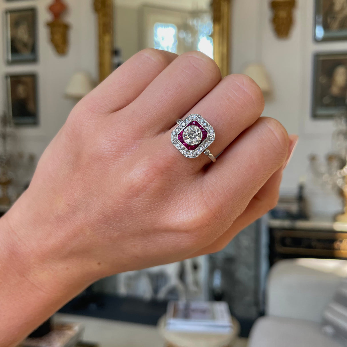 Russian early 20th century ruby diamond target ring Antique Ring Boutique