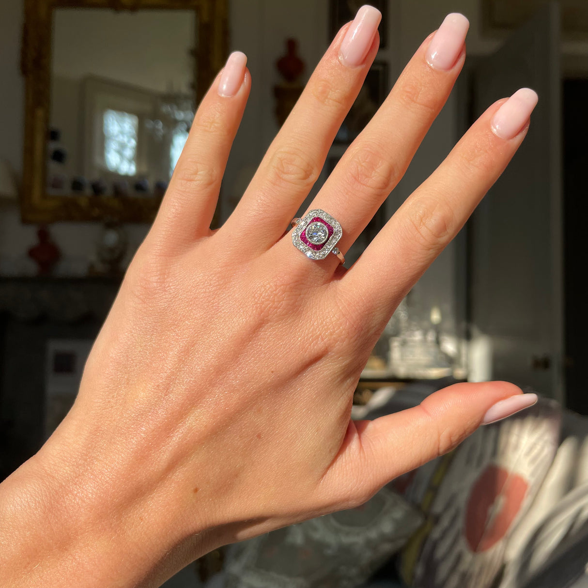 Russian early 20th century ruby diamond target ring Antique Ring Boutique