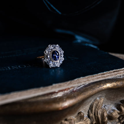 Antique, French, Edwardian, 18ct Gold, Sapphire and Diamond Cluster Ring