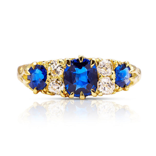 sapphire and diamond engagement ring, front view.