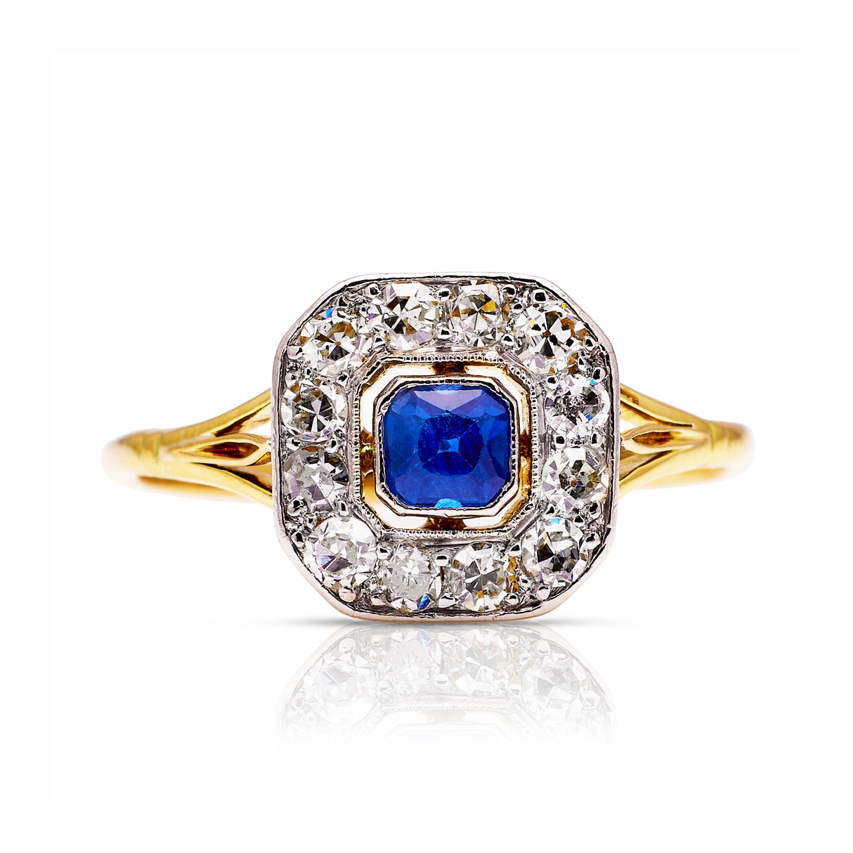 Sapphire and diamond engagement ring, front view.