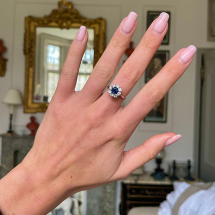 Vintage Sapphire and Diamond Cluster Engagement Ring, 18ct White Gold