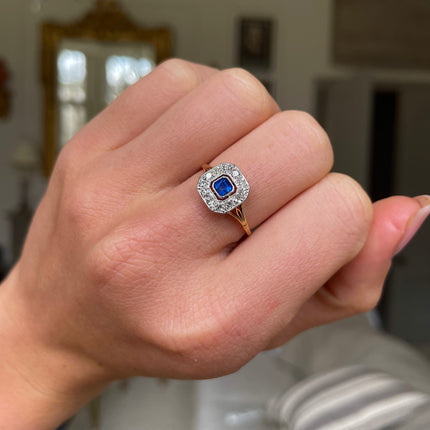 Edwardian Sapphire and Diamond Square Cluster Engagement Ring, 18ct Yellow Gold