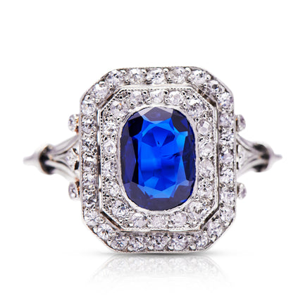 Edwardian-Antique-Sapphire-Diamond-Cluster-Platinum-Band-Ornate-Ring