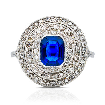 Art-Deco-Sapphire-Diamond-Target-Cluster-Ring-Platinum-Vintage
