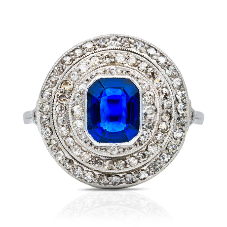 Sapphire and diamond target cluster ring, front view. 