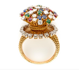 Vintage, French, 18 Carat Yellow Gold Sapphire, Emerald and Diamond Cluster Ring