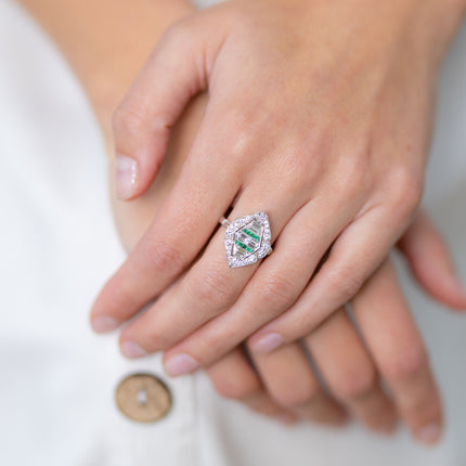 Stunning Antique, Art Deco, 18ct White Gold, Emerald and Diamond Cluster Ring | Antique Rings | Antique Ring Boutique | Vintage Engagement Rings | Antique Engagement Rings