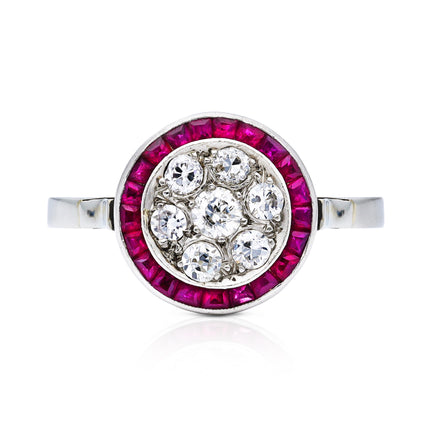 Art-Deco-Ruby-Diamond-Target-Engagement-Ring-18ct-White-Gold-French-Vintage