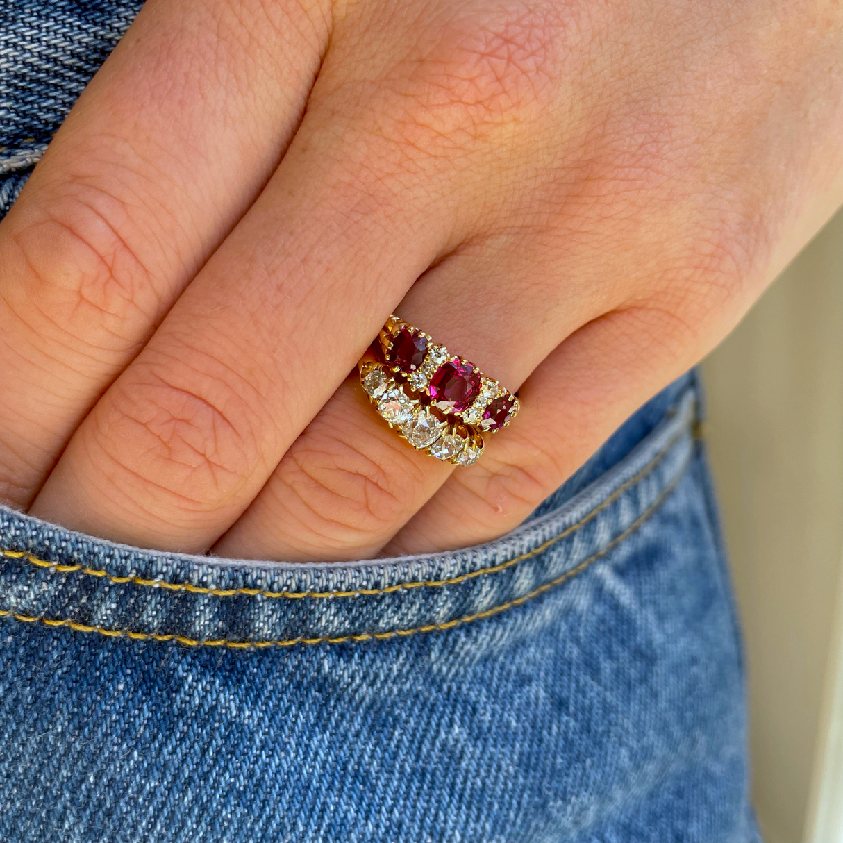 Antique Victorian Ruby Diamond Three Stone Ring 18ct Yellow