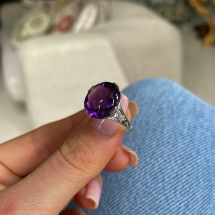 Tiffany & Co | Art Deco, Cabochon Amethyst and Diamond Ring, Platinum