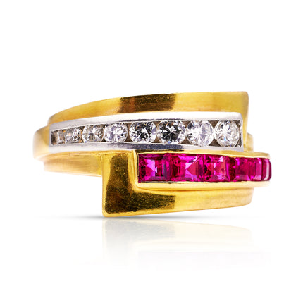 Tiffany-Retro-Americana-Ruby-Diamond-18ct-Gold-Band-Party-Ring-Unique-Antique