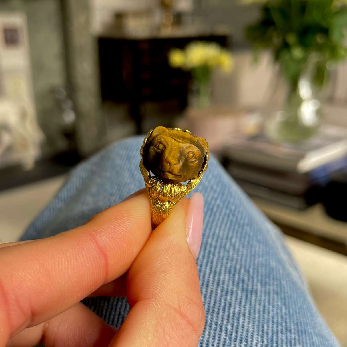 French Tiger s Eye Honey Bear Ring 18ct Yellow Gold Antique