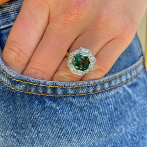Contemporary, tourmaline and diamond hexagonal cluster ring, 18ct yellow gold and platinum