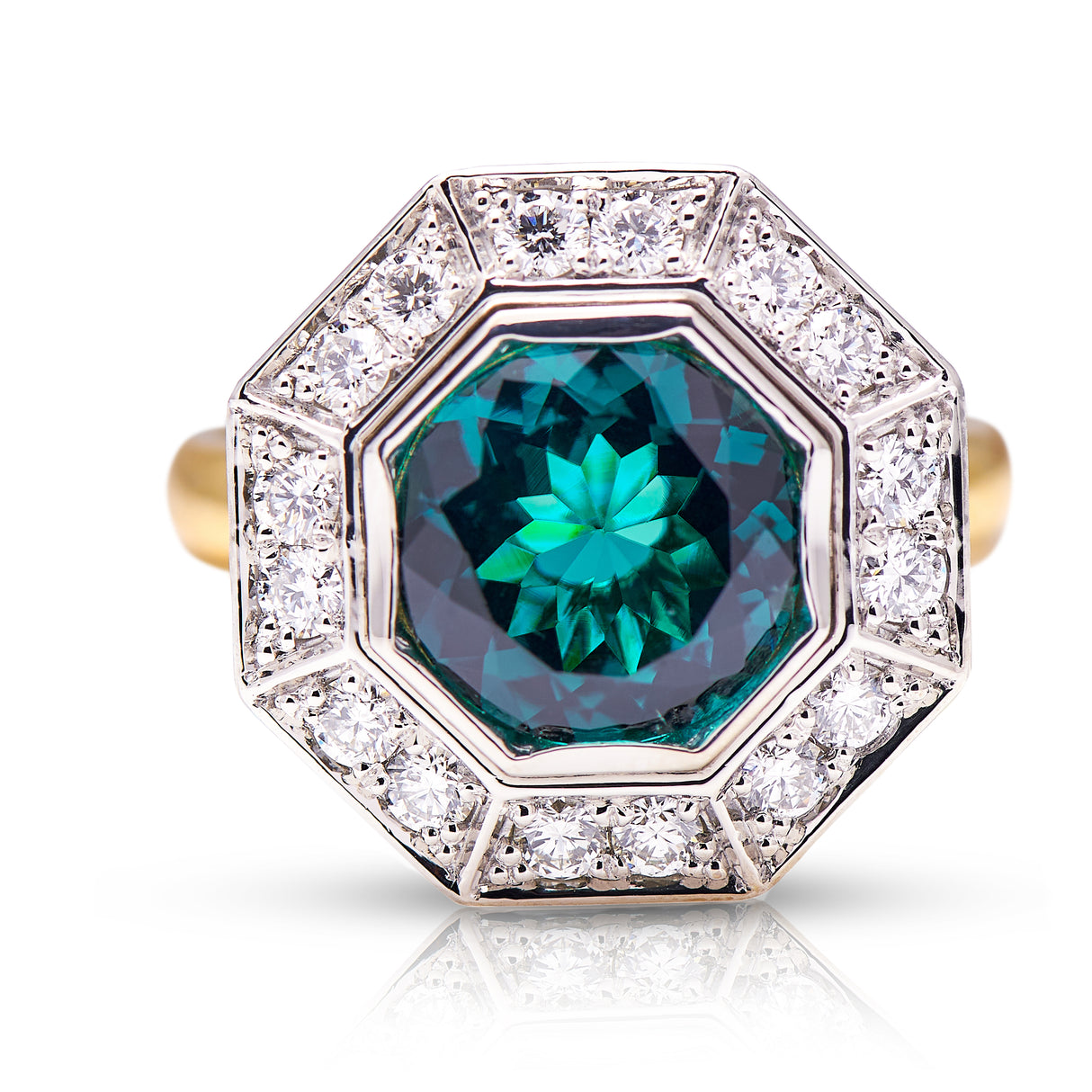 Tourmaline-Peacock-Blue-Diamond-Cluster-Hexagonal-Engagement-Ring-Antique-Style-White-Gold-Unique