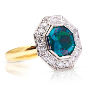 Contemporary, tourmaline and diamond hexagonal cluster ring, 18ct yellow gold and platinum