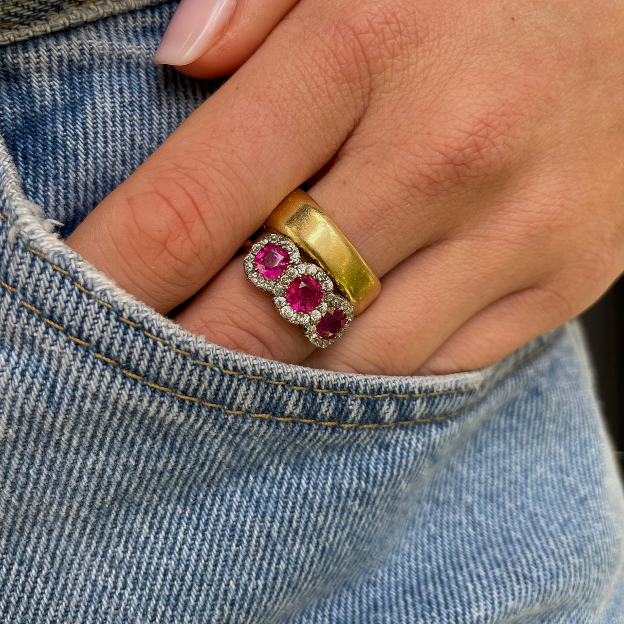 Antique Burmese ruby & diamond cluster ring, 18ct yellow gold