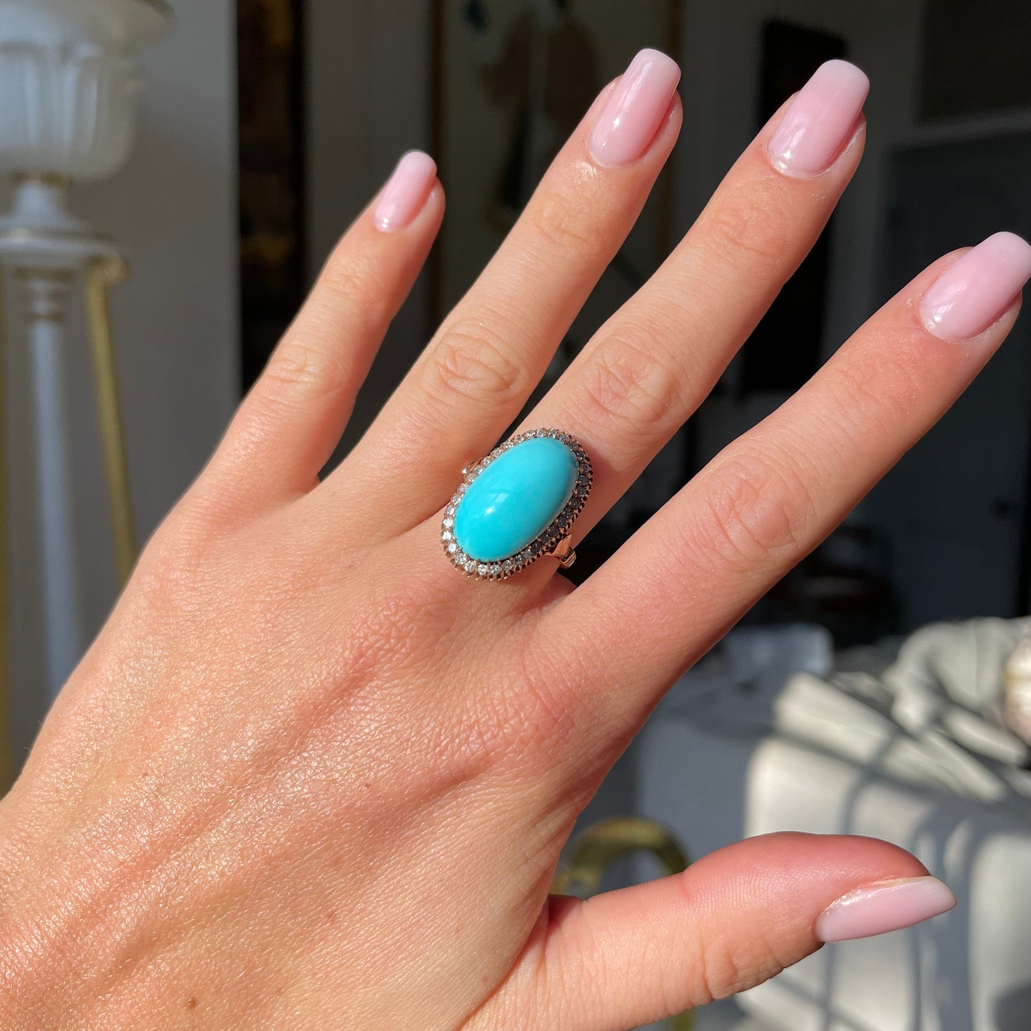 Antique, Edwardian large turquoise & old-cut diamond ring