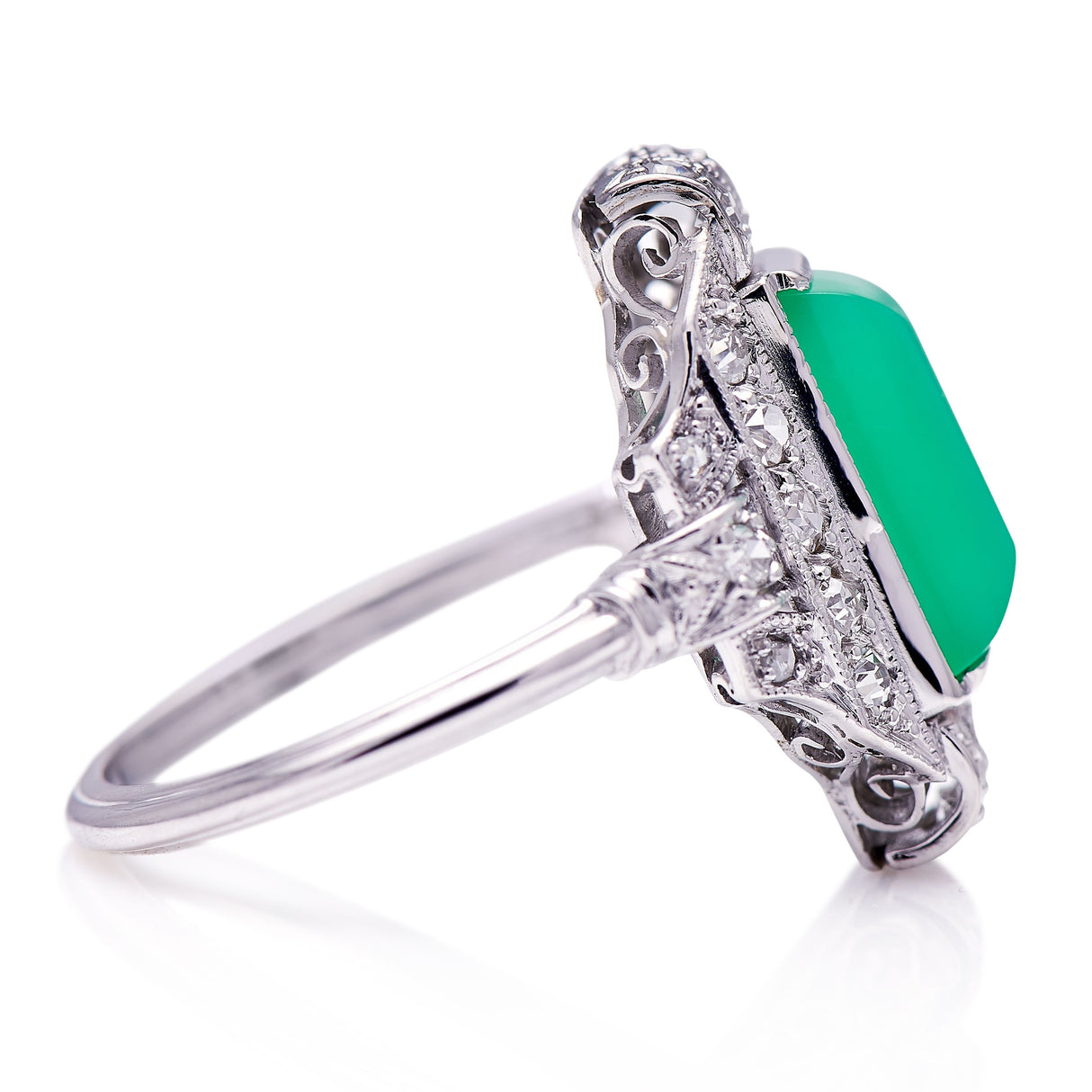 Untreated Antique Art Deco, 14ct White Gold, Chrysoprase and Diamond Engagement Ring