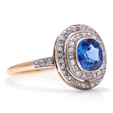 Untreated Antique Art Deco, American, Montana Sapphire and Diamond Cluster Engagement Ring