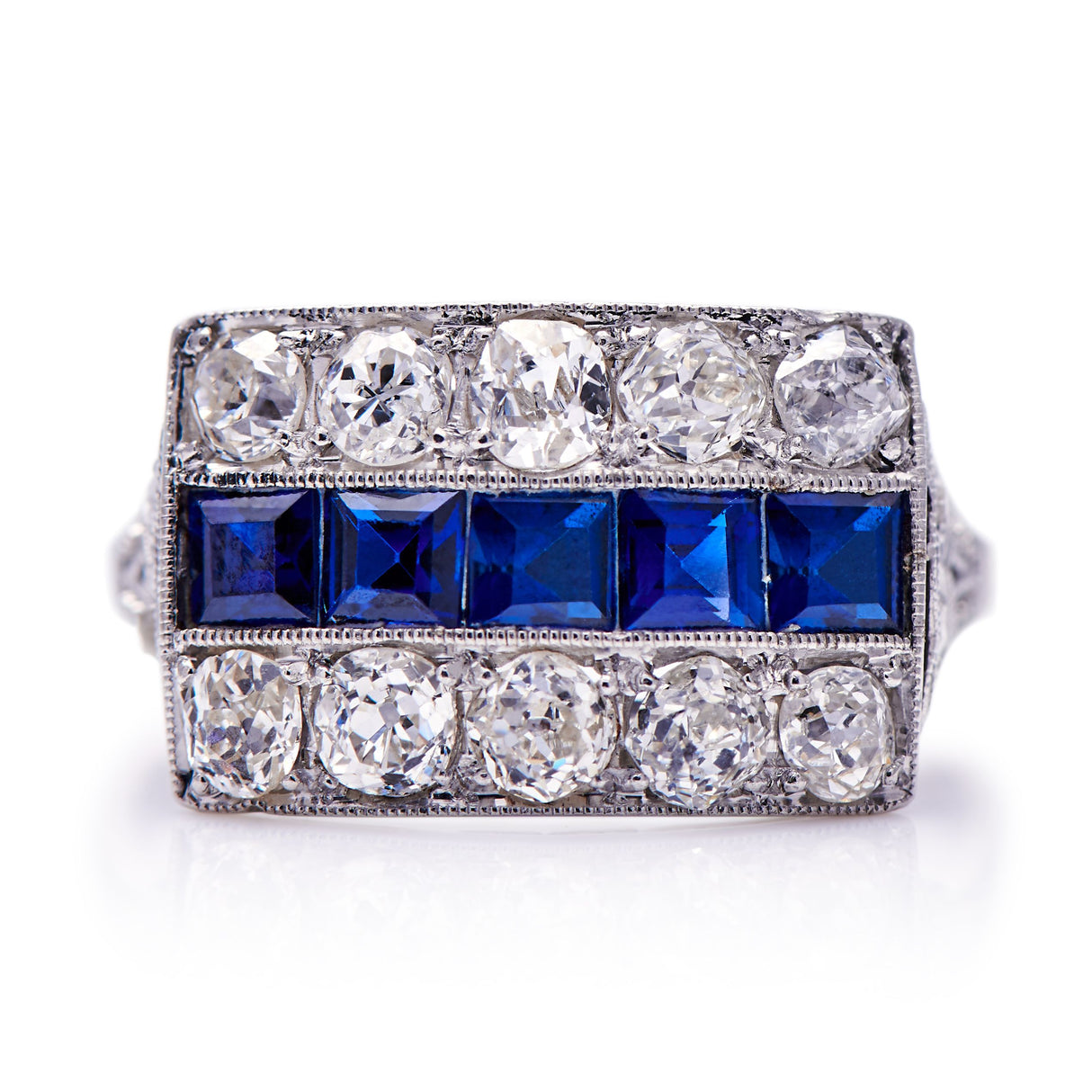 Untreated Antique Art Deco, Platinum, Sapphire and Diamond Ring