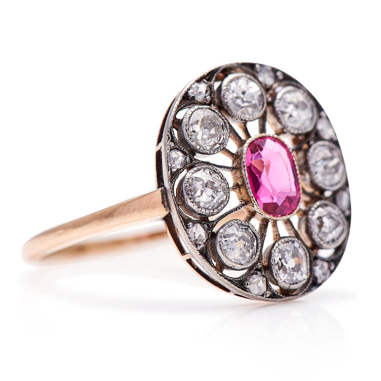Untreated Antique Belle Époque, Platinum, 15ct Gold, Ruby and Diamond Engagement Ring